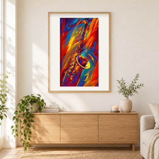 Schwingzeit - Kunst des Simon Bull als gerahmtes Diamond Painting im Wohnzimmer
