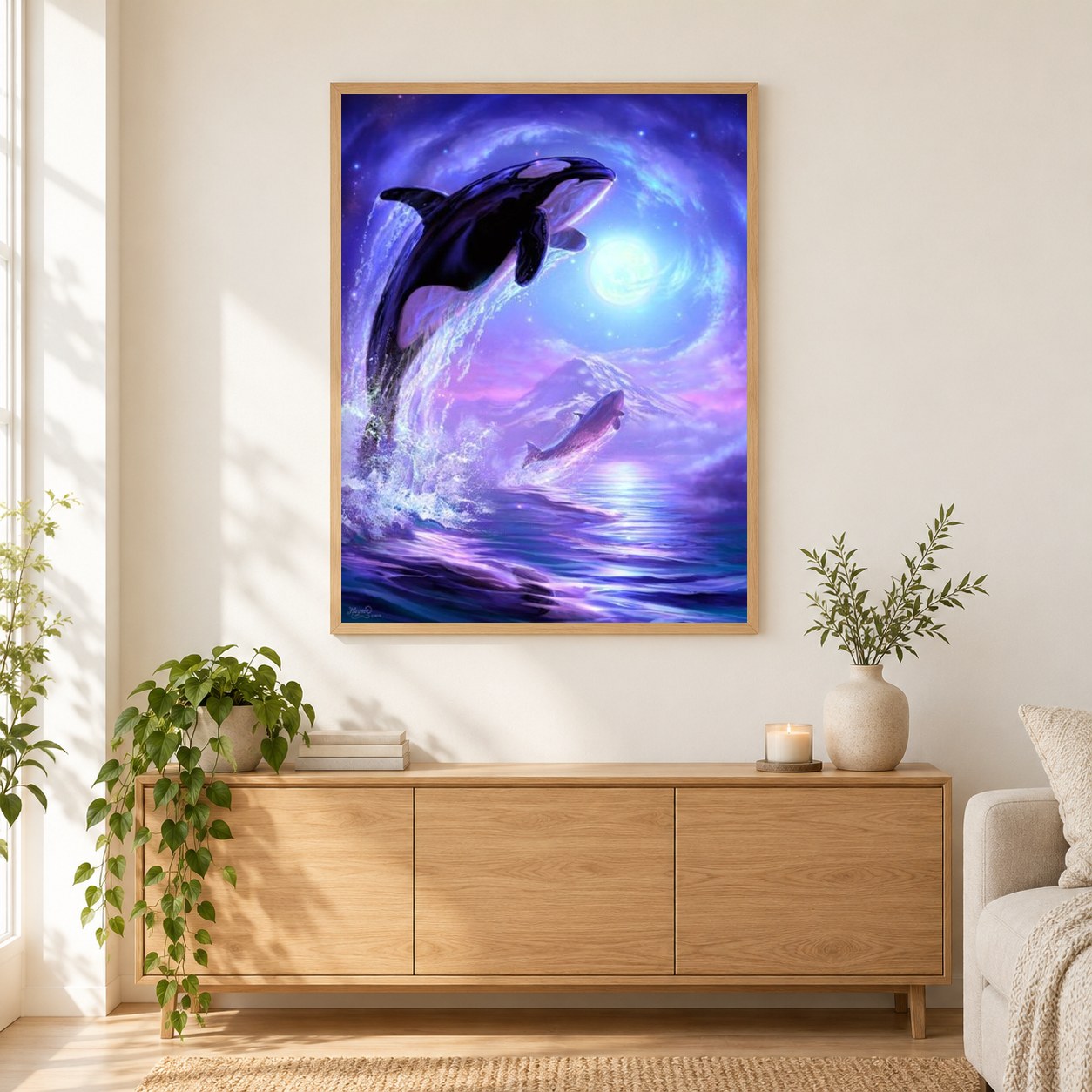 Tauchende Delfine als gerahmtes Diamond Painting im Wohnzimmer