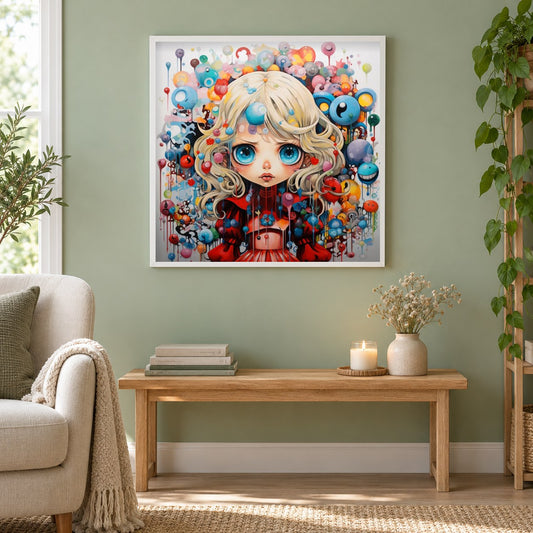 Die Farbexplosion Diamantkunst als gerahmtes Diamond Painting im Wohnzimmer