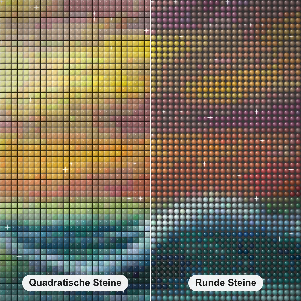 die Herrlichkeit - Kunst des Liam Kelly Diamond Painting Nahaufnahme mit quadratischen und runden Steinen