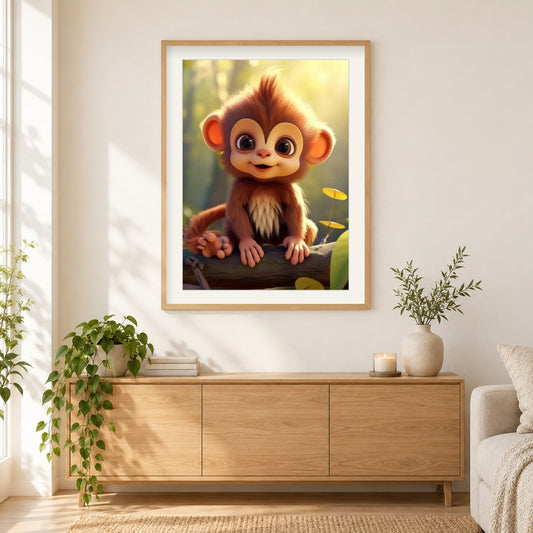 Die freudigen Abenteuer eines kleinen Affen als gerahmtes Diamond Painting im Wohnzimmer