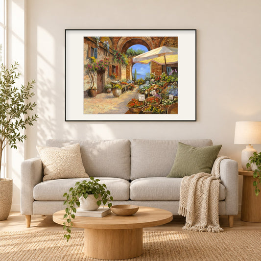 Der Markt am See - Kunst des Guido Borelli als gerahmtes Diamond Painting im Wohnzimmer