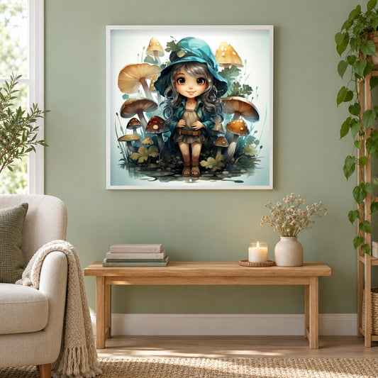 Die Pilzfee als gerahmtes Diamond Painting im Wohnzimmer