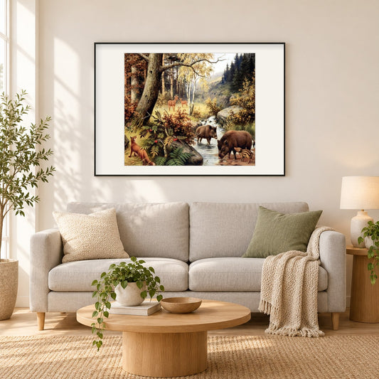 Tiere im Wald als gerahmtes Diamond Painting im Wohnzimmer