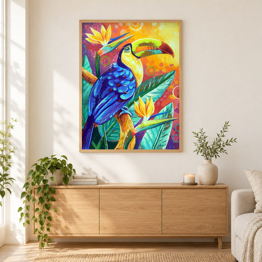 Tukan unter den Paradiesvögeln - Kunst des Sandra Trubin als gerahmtes Diamond Painting im Wohnzimmer