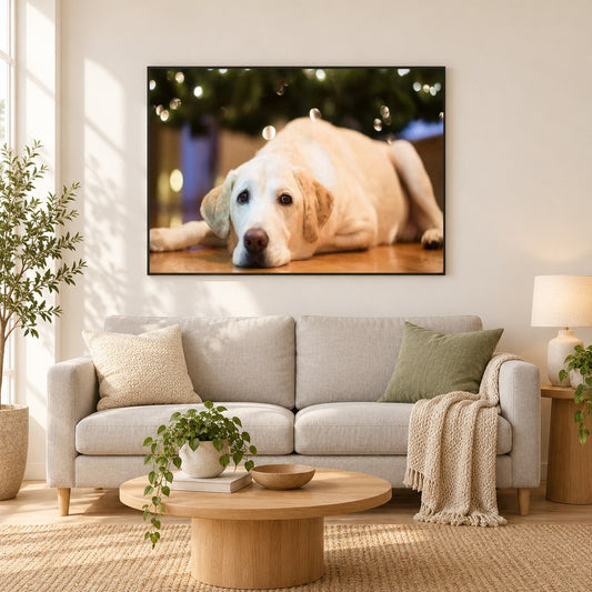 Trauriger Labrador Retriever Hun als gerahmtes Diamond Painting im Wohnzimmer