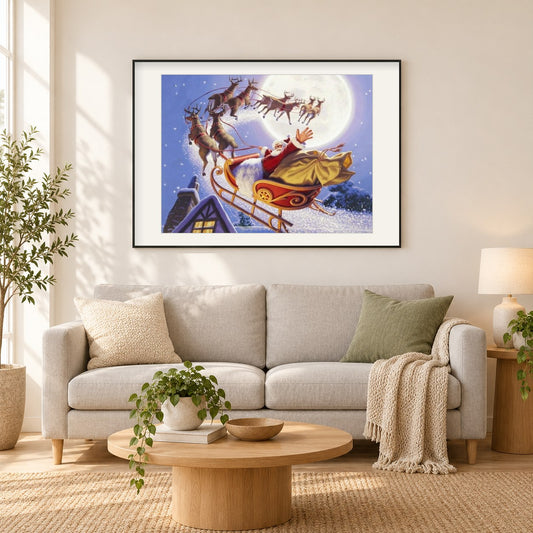 Weihnachtsmann im Rentierschlitten als gerahmtes Diamond Painting im Wohnzimmer