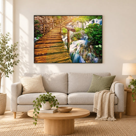 Wald Wasserfall als gerahmtes Diamond Painting im Wohnzimmer