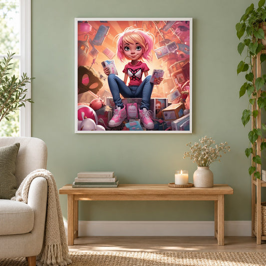 Willst du mit mir spielen? als gerahmtes Diamond Painting im Wohnzimmer