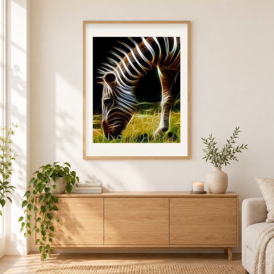 Weidendes Zebra - Diamant Art Kit als gerahmtes Diamond Painting im Wohnzimmer