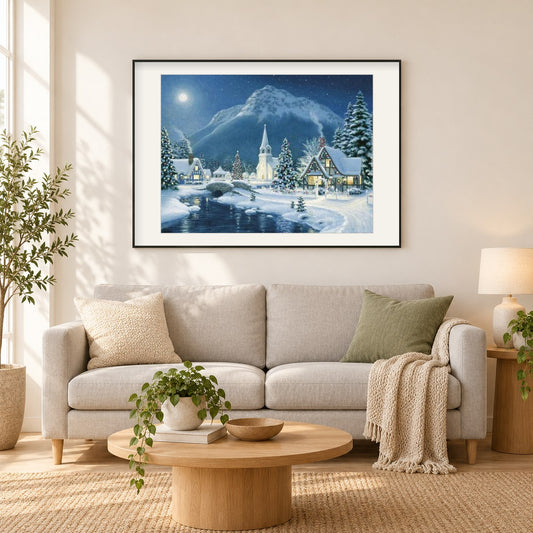 Weihnachtsdorf als gerahmtes Diamond Painting im Wohnzimmer
