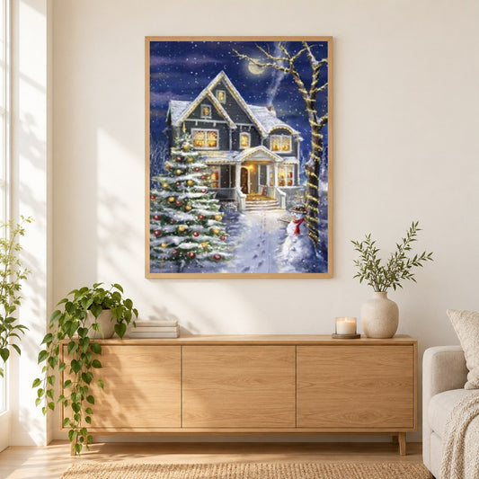 Weihnachtshaus als gerahmtes Diamond Painting im Wohnzimmer