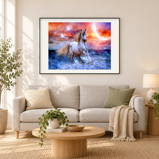 Weißes Einhorn als gerahmtes Diamond Painting im Wohnzimmer