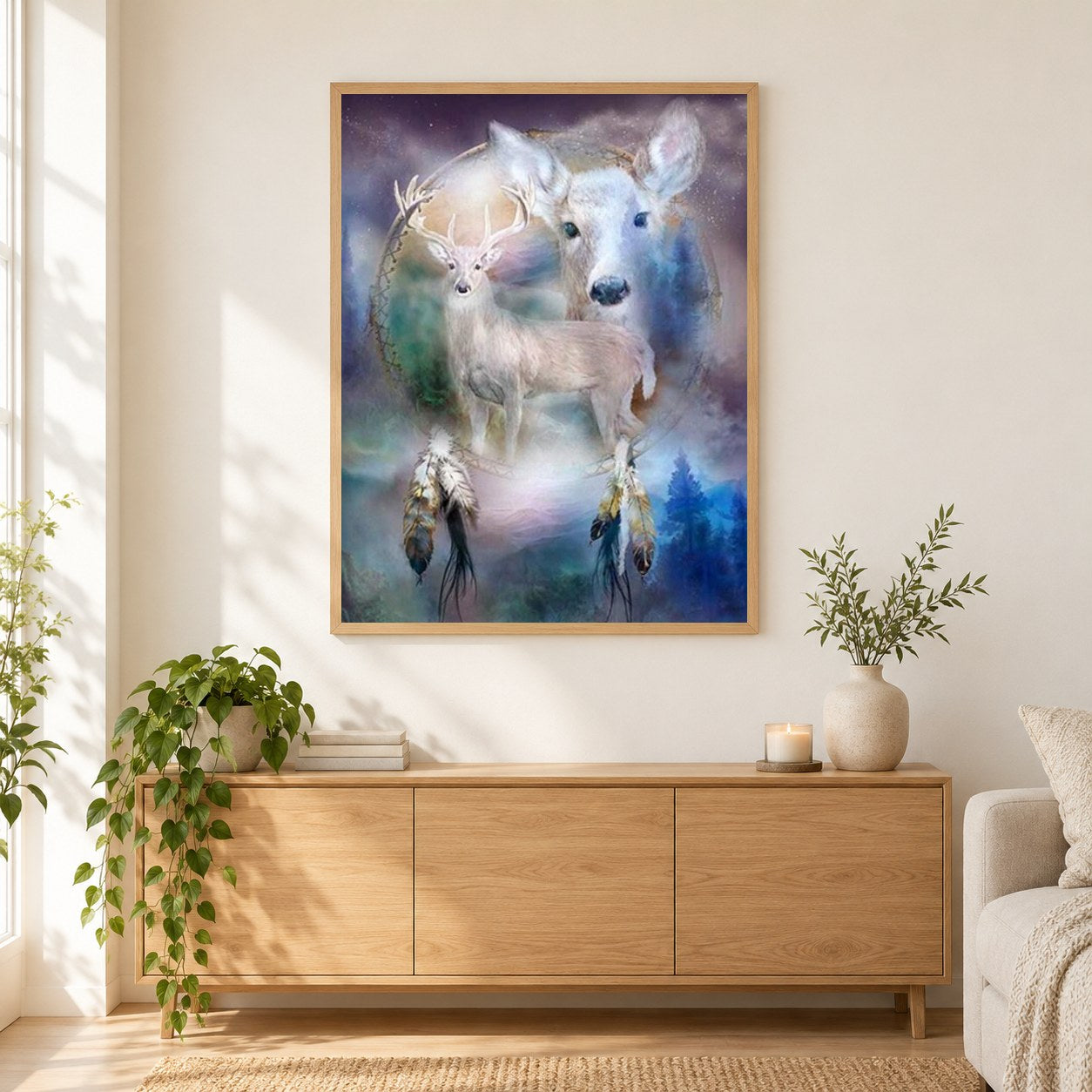 Weißwild Traumfänge als gerahmtes Diamond Painting im Wohnzimmer
