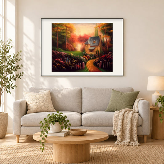 Willkommen zuhause - Kunst des Liam Kelly als gerahmtes Diamond Painting im Wohnzimmer