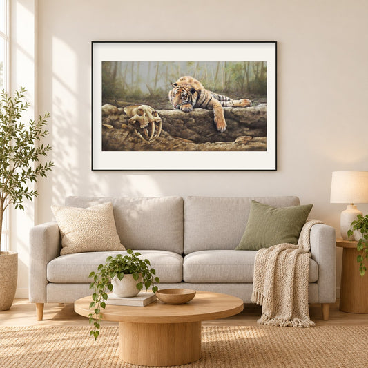 Wo Tiger beten - Kunst des Eric Wilson als gerahmtes Diamond Painting im Wohnzimmer