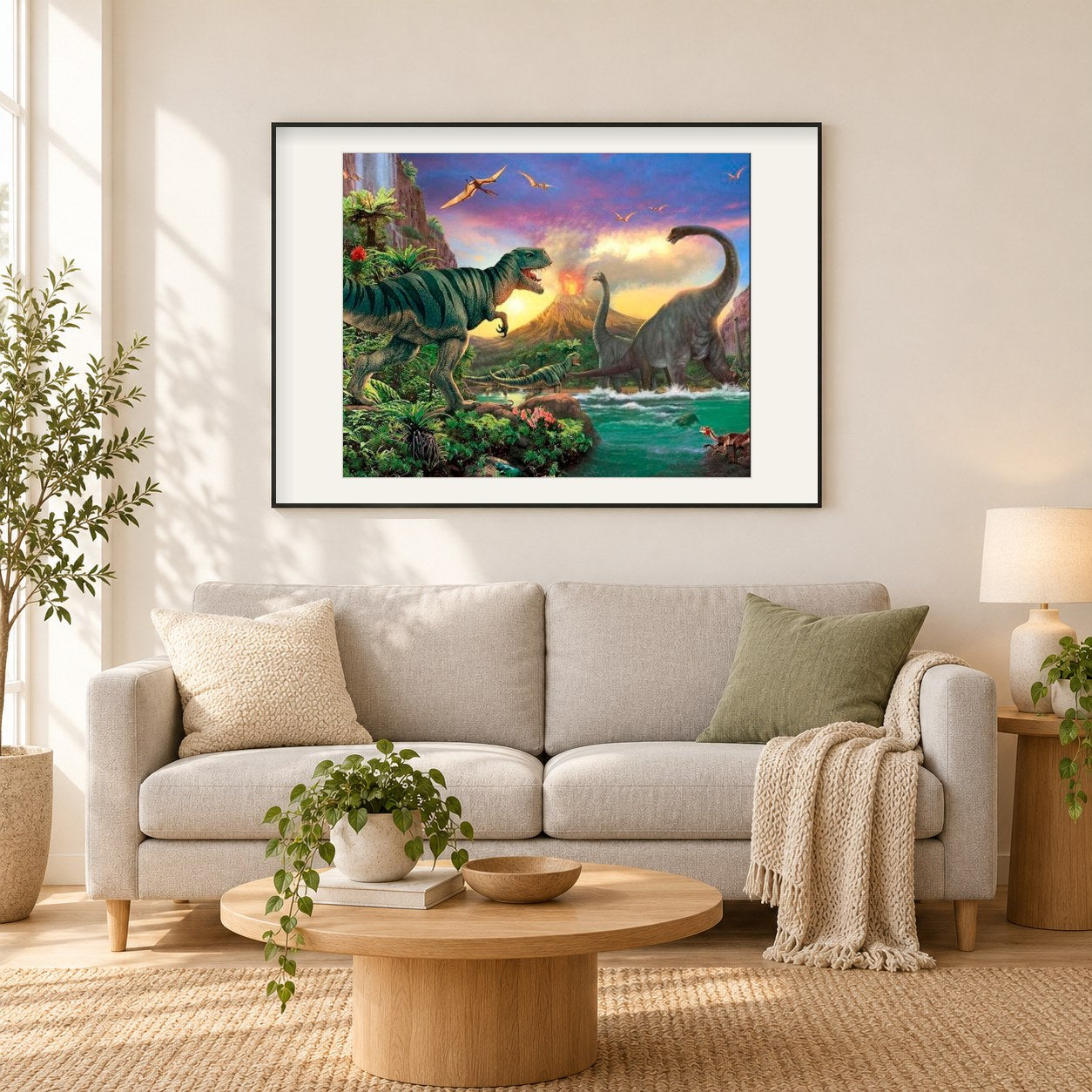 Wütende Dinosaurier als gerahmtes Diamond Painting im Wohnzimmer