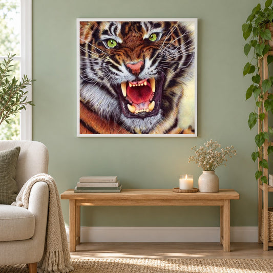 wütender Tiger als gerahmtes Diamond Painting im Wohnzimmer
