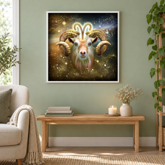 Zodiac Aries als gerahmtes Diamond Painting im Wohnzimmer