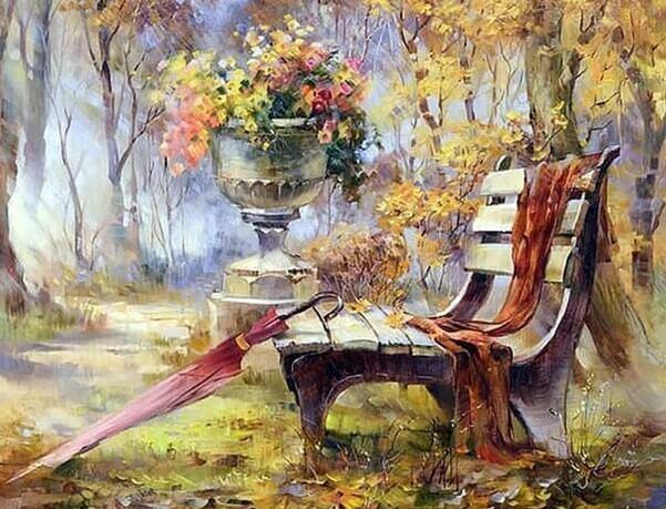 Eine Bank im Gartenmalerei-Kit - Diamond Painting