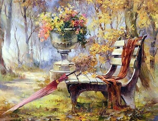 Eine Bank im Gartenmalerei-Kit - Diamond Painting