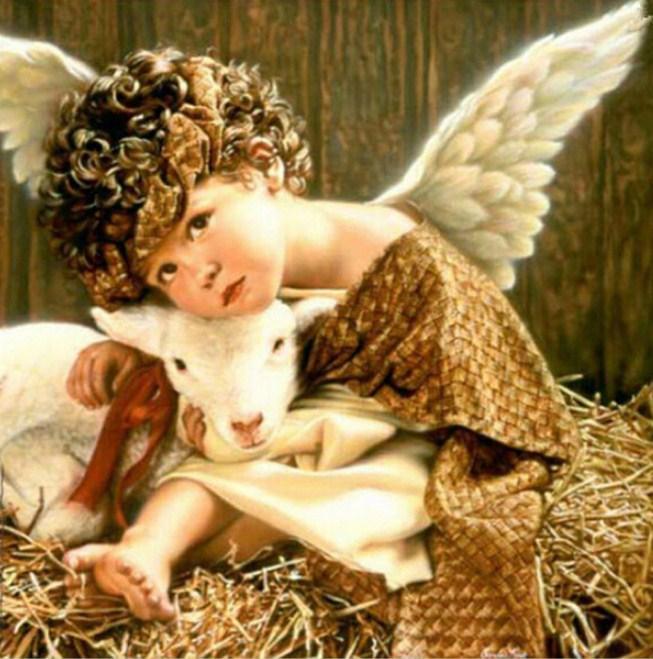 Engelsbaby mit Lamm - Diamond Painting