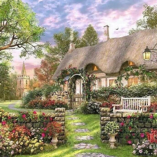 Schönes Haus mit Blumen Rasen - Diamond Painting