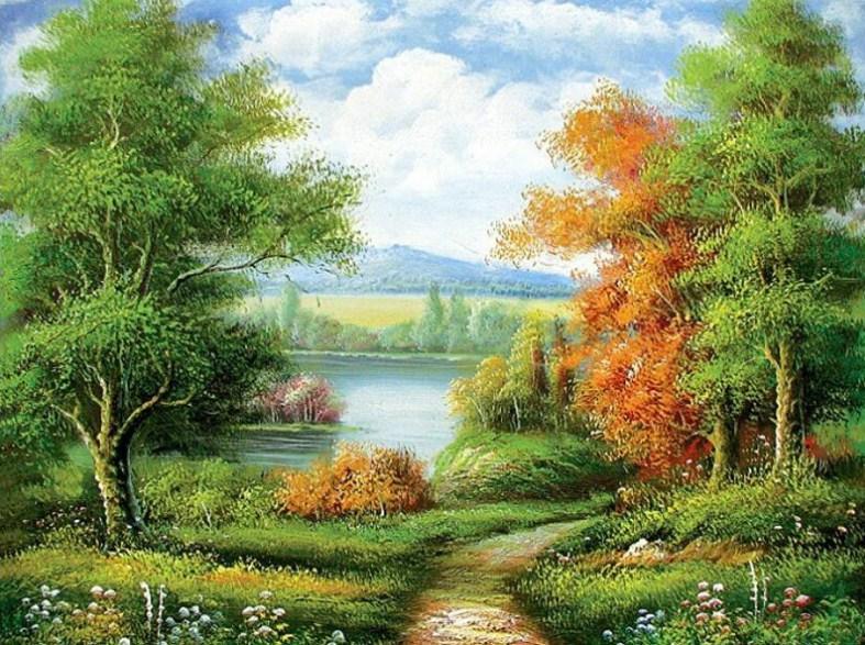 Schöne Bäume entlang des Weges - Diamond Painting