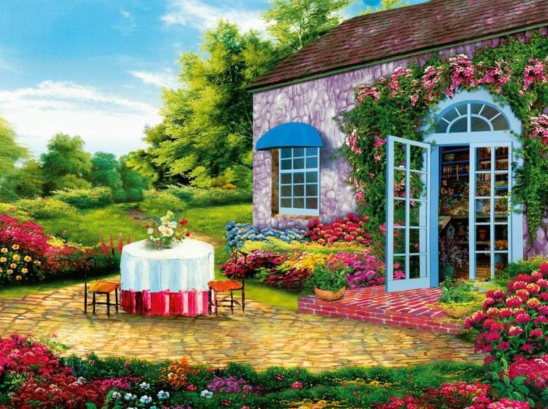 Schöner Hof voller Blumen - Diamond Painting