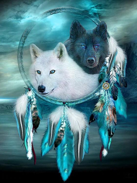 Schwarz Weiss-Wolf Traumfänger - Diamond Painting