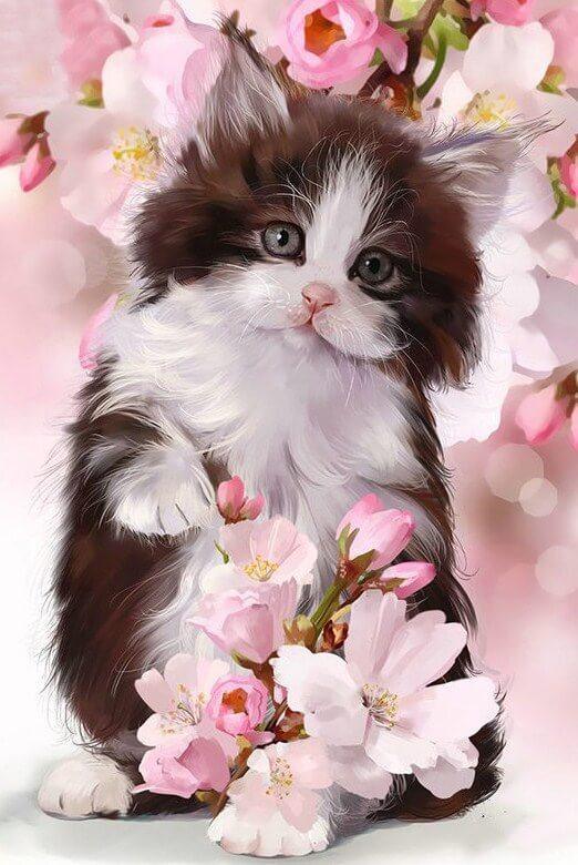 Katze in Kirschblüte - Diamond Painting