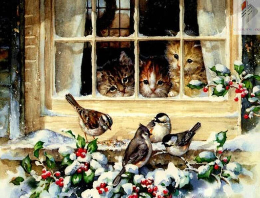 Katzen starren Spatzen aus dem Fenster - Diamond Painting