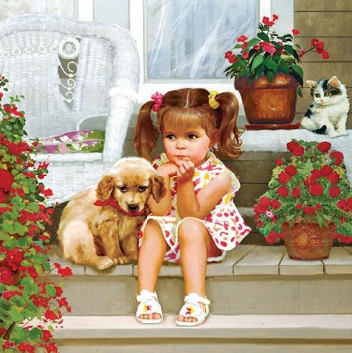 Nettes Mädchen mit ihrem Welpen u. Kätzchen - Diamond Painting