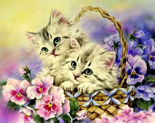 Blumen & Kätzchen im Korb - Diamond Painting