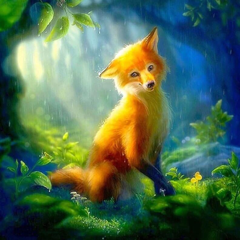 Fuchs im Wald unter Regen - Diamond Painting