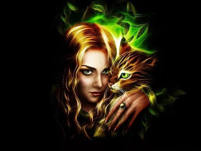 Grünäugige Katze & Mädchen - Diamond Painting