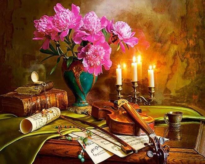 Gitarren-, Blumen- und Kerzenmalerei - Diamond Painting