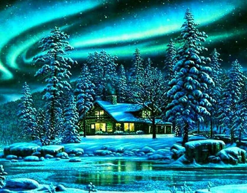 Blockhaus im Schnee - Diamond Painting
