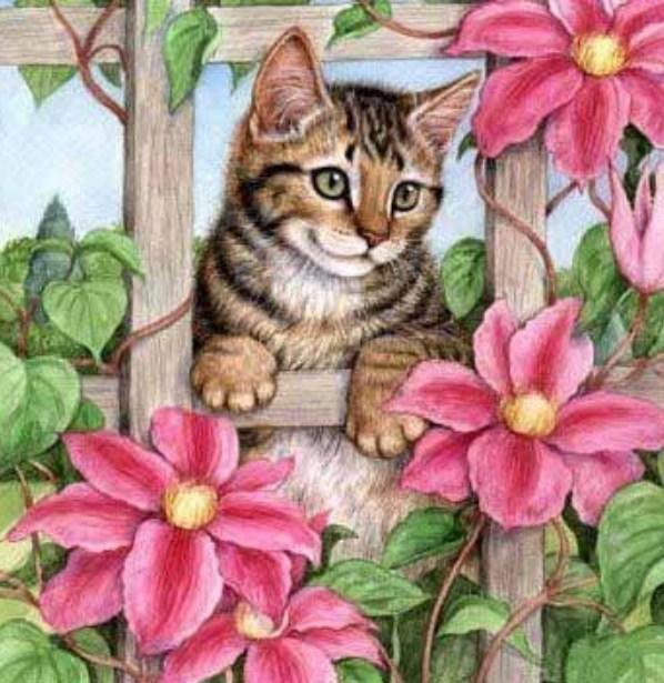 Rosa Blumen & Spionagekatze - Diamond Painting