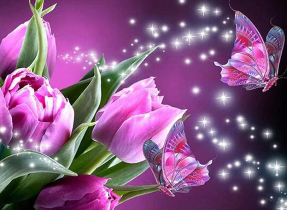 Lila Tulpen und Schmetterlinge - Diamond Painting