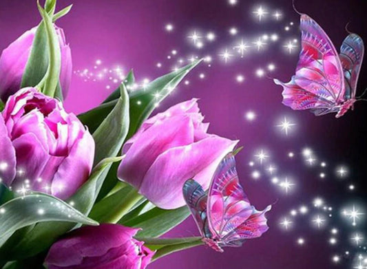 Lila Tulpen und Schmetterlinge - Diamond Painting