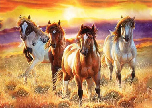 Untergehende Sonne & schöne Pferde. - Diamond Painting