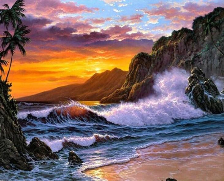 Markante Wellen und Sonnenuntergang Himmel - Diamond Painting