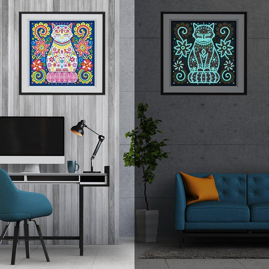 Blumen Ägyptische Katze Nachtglühen Diamond Painting - Diamond Painting