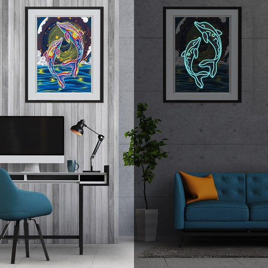 Glückliche Delfine leuchten im Dunkeln - Diamond Painting