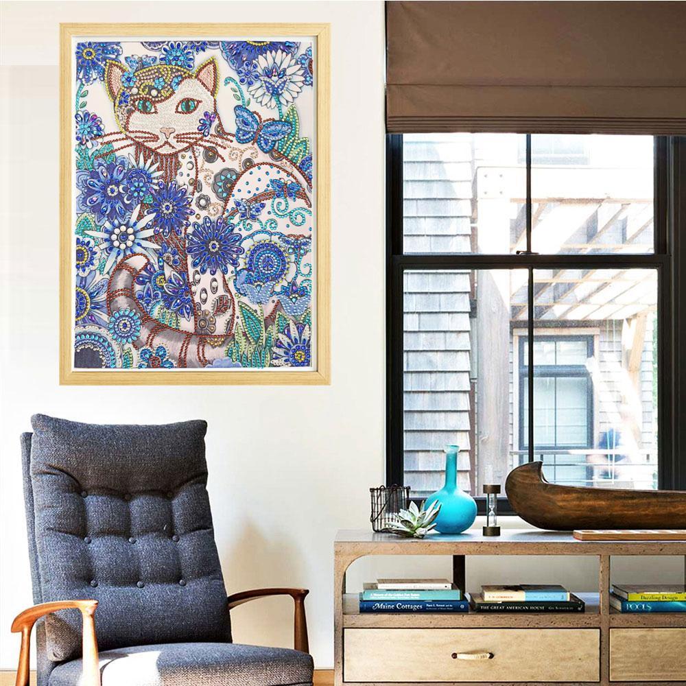 Katze mit blauer Blume - Spezial Diamond Painting - Diamond Painting