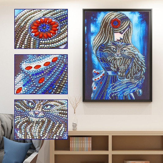 Mädchen und haarige Katze - Spezial Diamond Painting - Diamond Painting