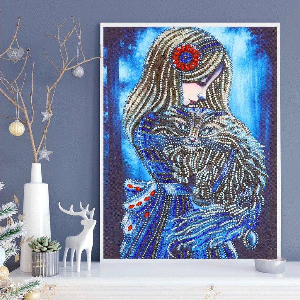 Mädchen und haarige Katze - Spezial Diamond Painting - Diamond Painting