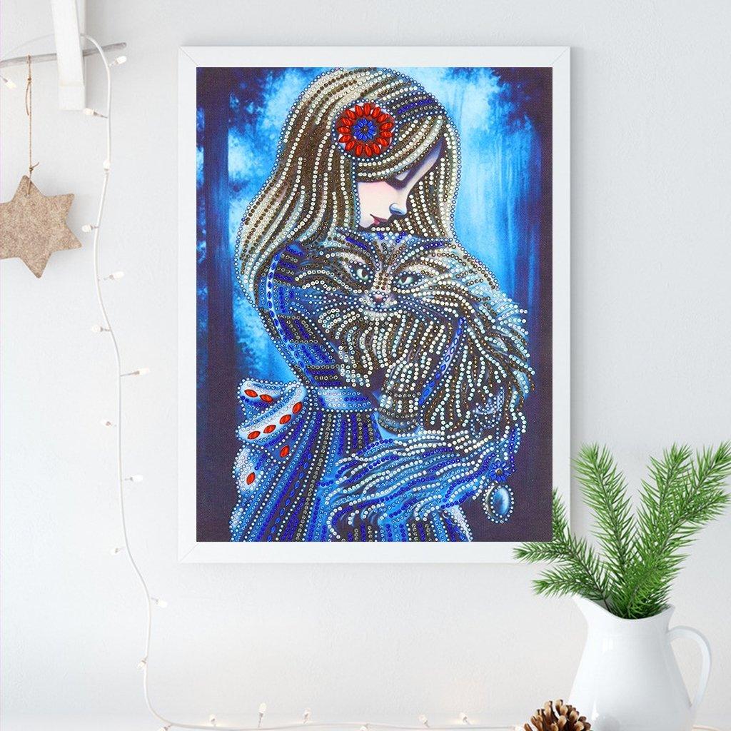 Mädchen und haarige Katze - Spezial Diamond Painting - Diamond Painting