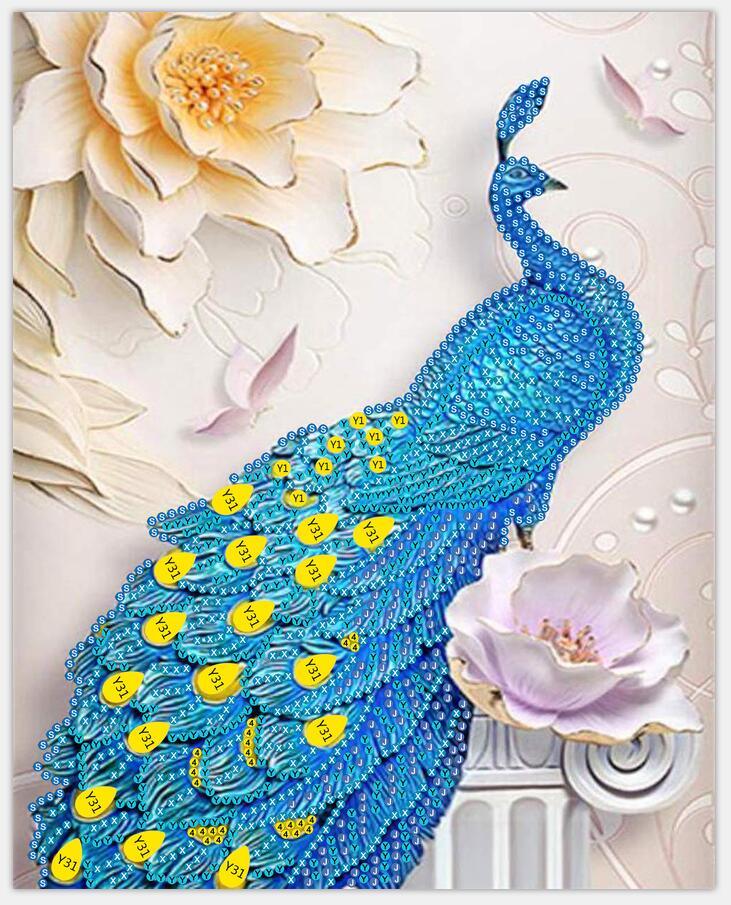 Pfau mit Blumen - Spezial Diamond Painting - Diamond Painting